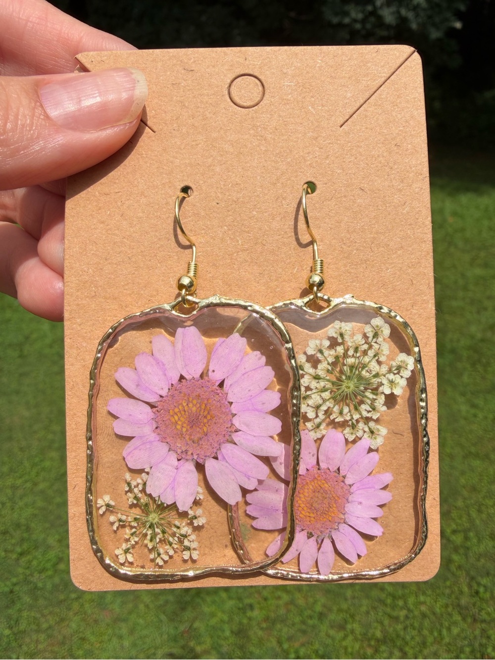E5 Handmade Real Pressed Flower Resin Earrings | Gold Floral Botanical Jewelry